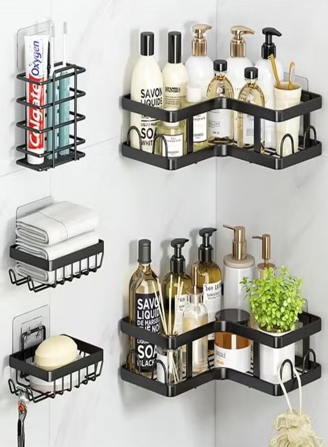 ELASAR Corner Shower Caddy 5 Pack, Adhesive Shower Organizer, Shower Rack with 16 Hooks, Large Capacity, Rustproof Stainless Steel Shower Shelf for Inside Shower & Bathroom Storage&Home Decor, Black - Image 1